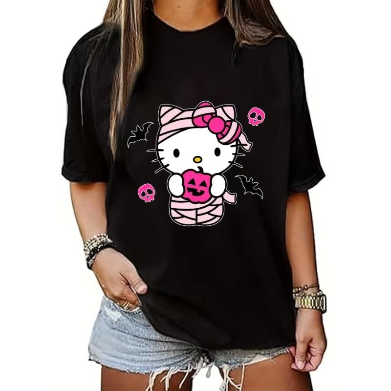 

Halloween Hello Kitty Women Tshirt with Sanrio Cartoon Print Pattern Soft Short Sleeved Daily Outdoor Wear Pure Cotton Clothing S