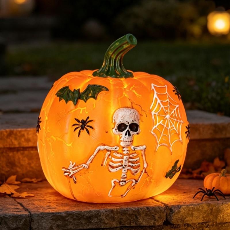 Illuminated Plastic Pumpkin Ornament with Skeleton Web Detail for Halloween Party Decoration, and Table Shelf and Entryway