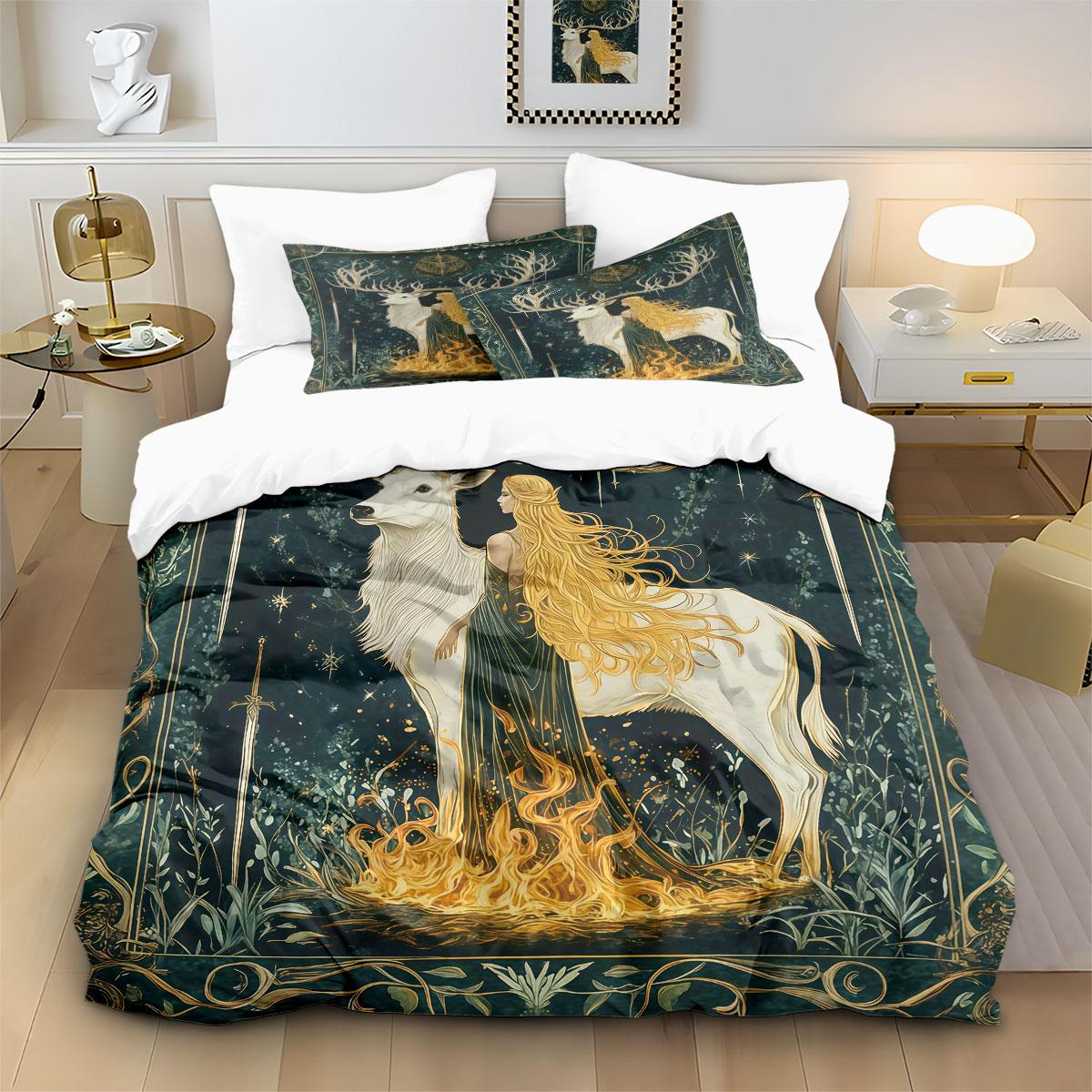 

3Pcs Sacred Saint Reindeer Printed Core Free Down Duvet Cover Set Comfortable Bedroom Bedding Decoration Machine Washable 135x200cm-EU-Single&set