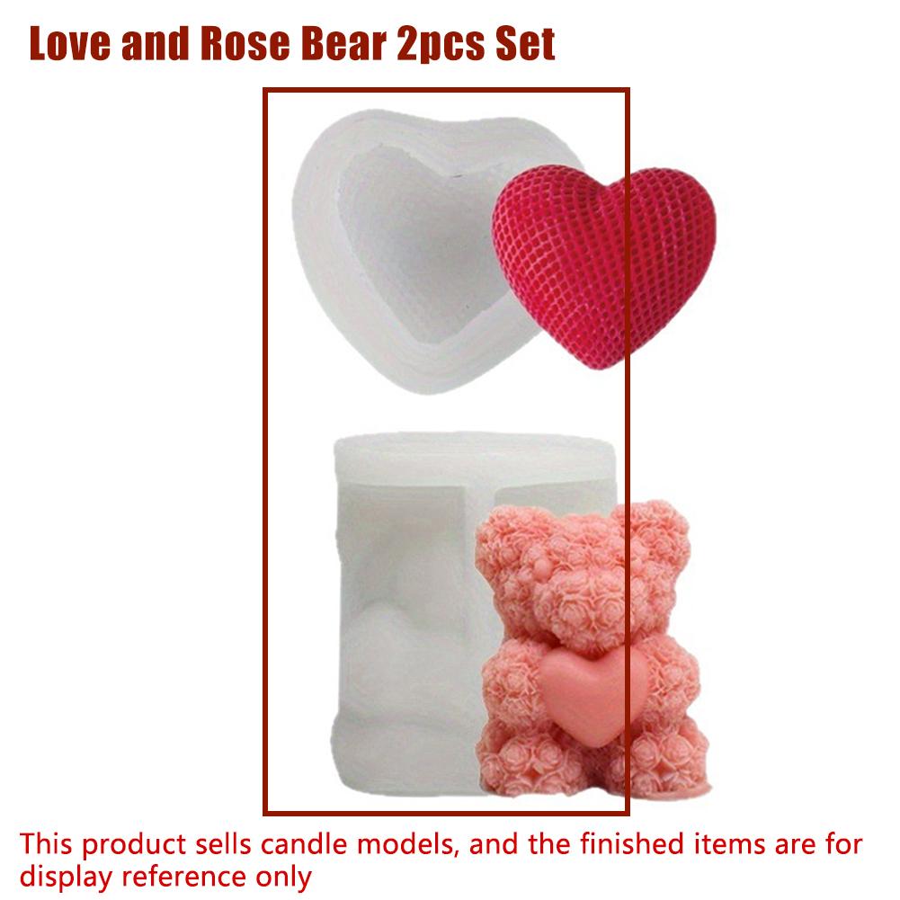 2PCS  Heart Rose Bear Candle Mold Valentine Day Silicone DIY Scented Candle Making Soap Resin Art Craft Mold Decor Gift Tools