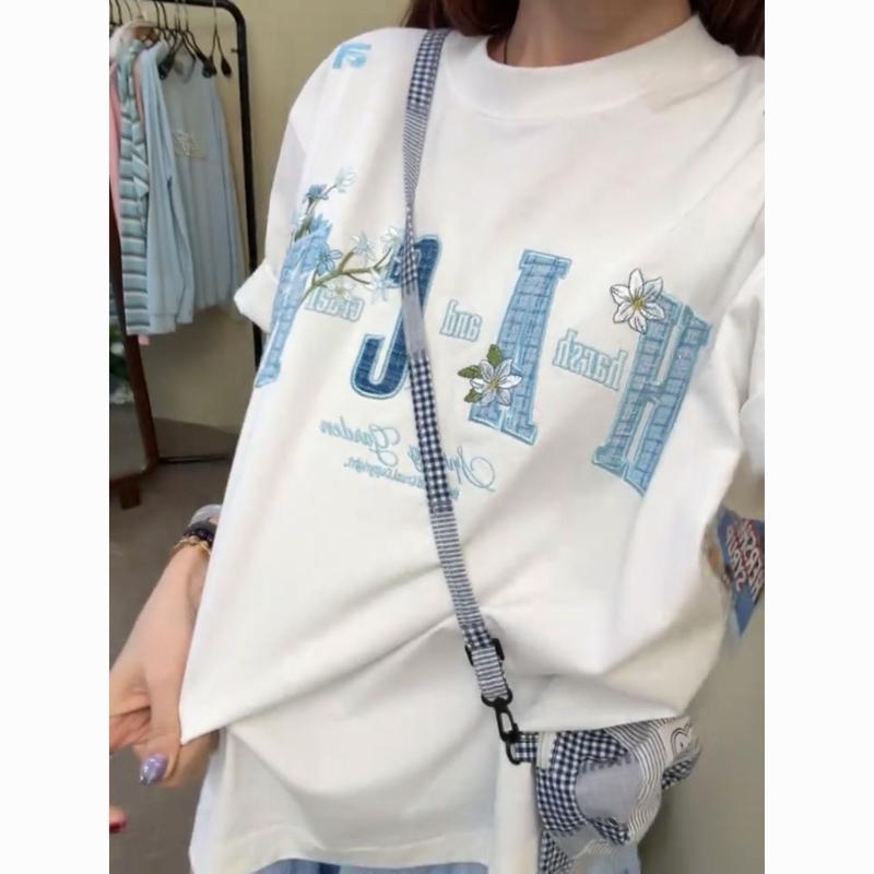 

Женская футболка с вышивкой букв, однотонная, в американском ретро стиле, с круглым вырезом, женские футболки, летний свободный универсальный женский пуловер XXL белый