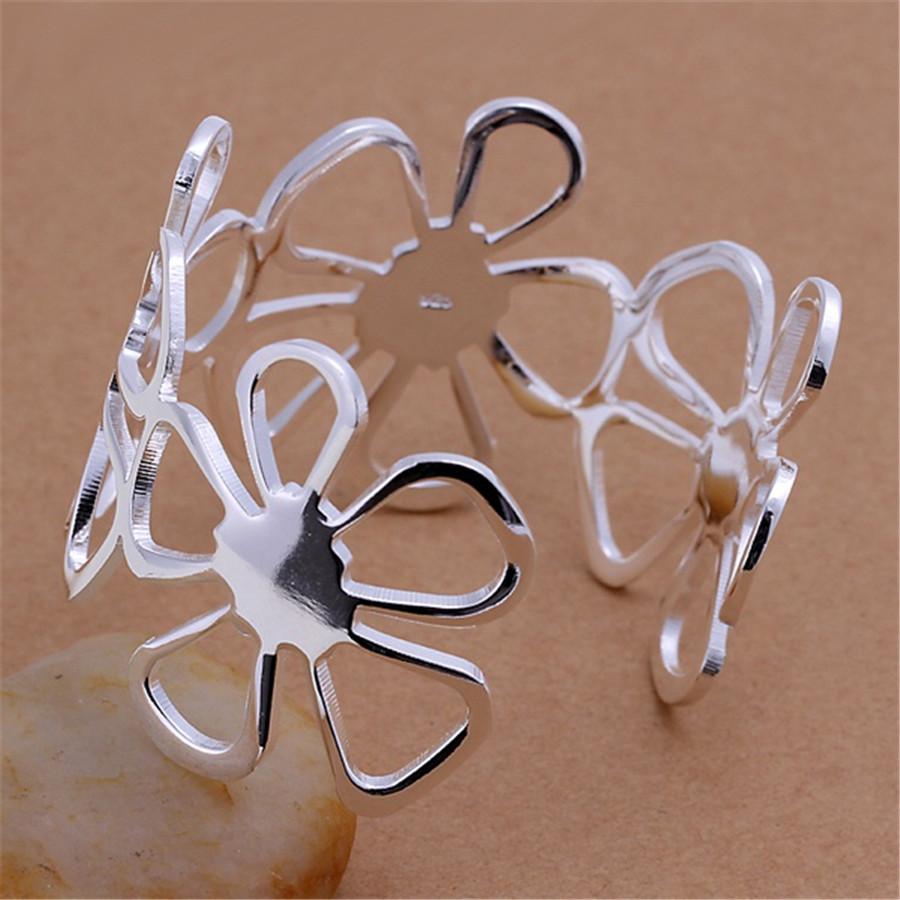 925 Sterling Silver Elegant Flower Wide Bangles Cuff Bracelets for Women Adjustable Fashion Party Wedding Jewelry Holiday Gifts