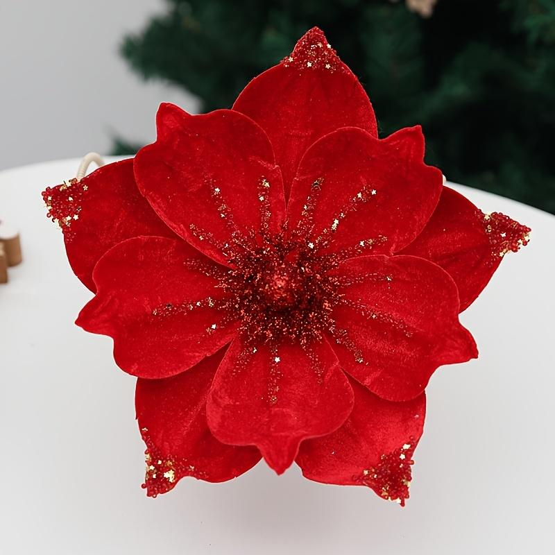 1pc Artificial Poinsettia Christmas Magnolia Flowers with Stems  Glittery Faux Flowers for Xmas, Wedding & Holiday Decor
