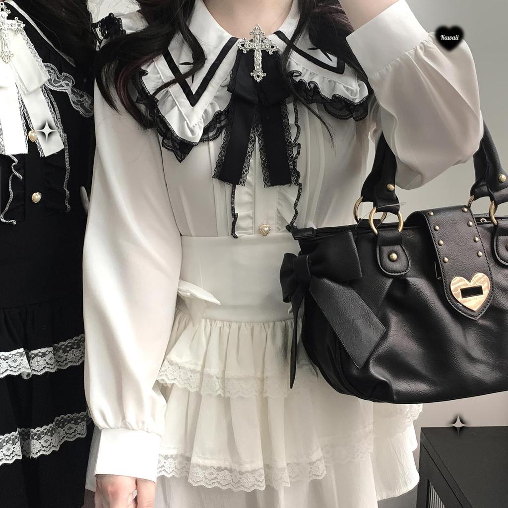Cute Sailor Collar Blouse for Long Detachable Cross Ribbon Lace and Color Striped Stylish French Girly Perfect for and White [XHSUKADO] Women,