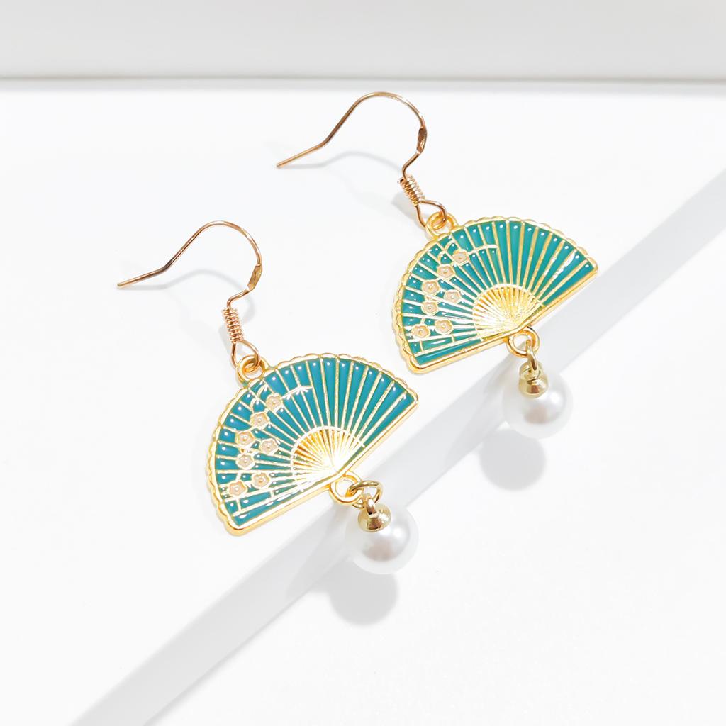 Ethnic Chinese Pearl Pendant Earrings for Women Retro Style Traditional Wedding Jewelry Flower Fan Shaped Tassel Creative Gifts