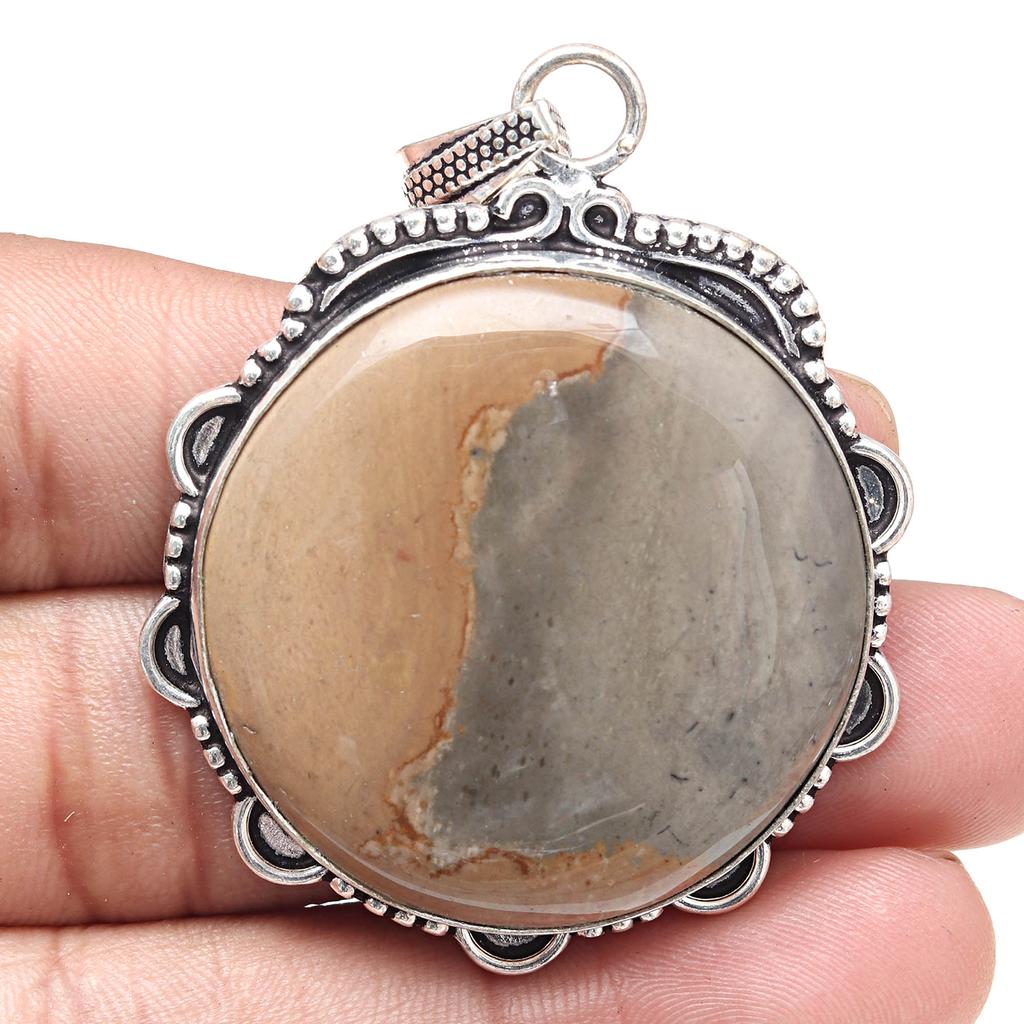 Pendant Polygram Jasper Gemstone Valentine'Day Gift Silver Jewelry 2.5"