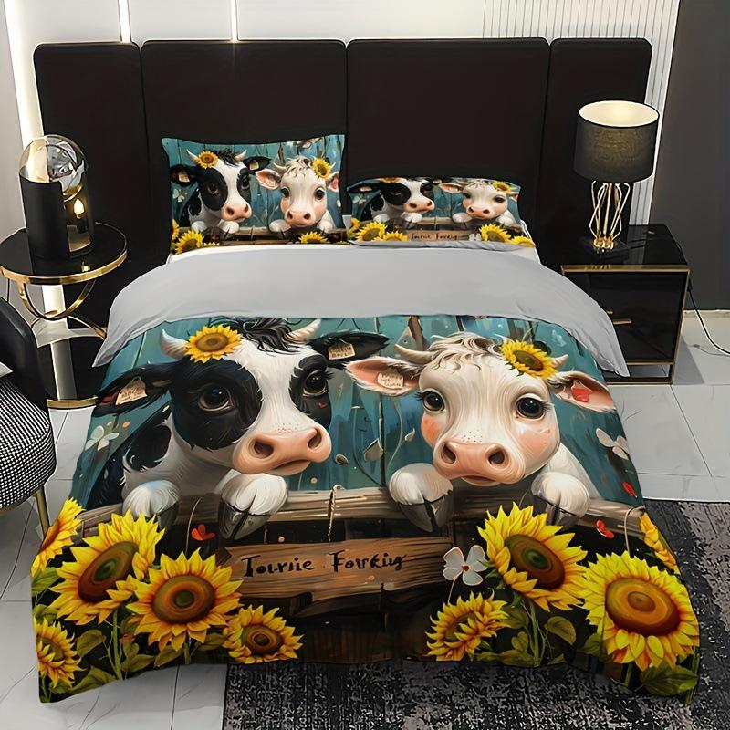 Farm Cow Duvet Cover Three-Piece Sunflower Quilt Cover Cute Cow Bedding Set