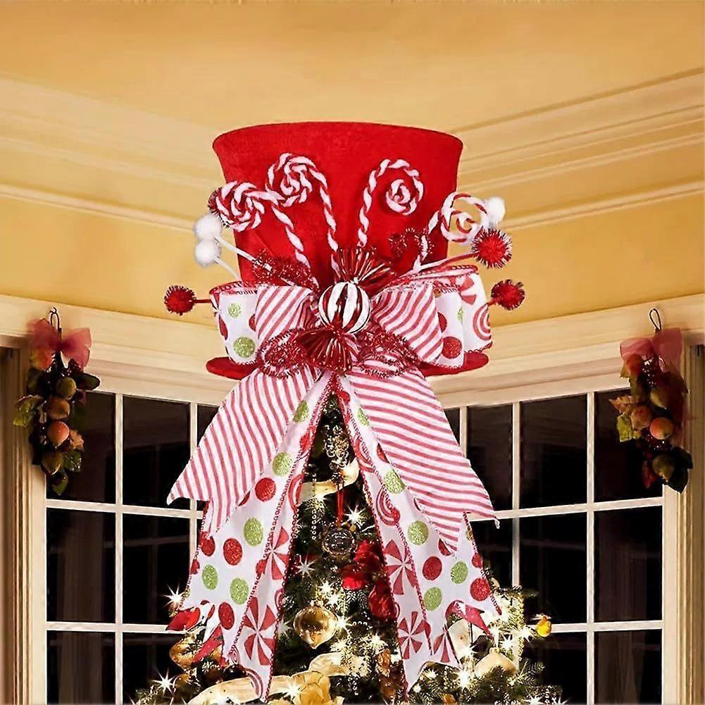 Festival Tree Topper - Xmastree Top Hat With Candy Cane And Striped Bow Ribbon