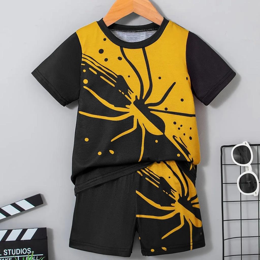 2025 Children's Clothing 2-piece Set, Boys' Fun Cartoon Spider Printed Short sleeved T-shirt and Shorts Set, Summer Sports Boys'