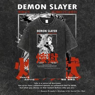Anime Demon Slayer Rengoku Kyoujurou Printed T Shirt Men Women Manga Tshirts Vintage Washed T-Shirt Harajuku Manga Cotton Tops Female Male Clothing