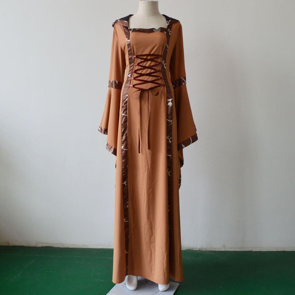 Medieval Retro Hooded Dress with Square Neck, Lace-Up Detail, and Bell Sleeves