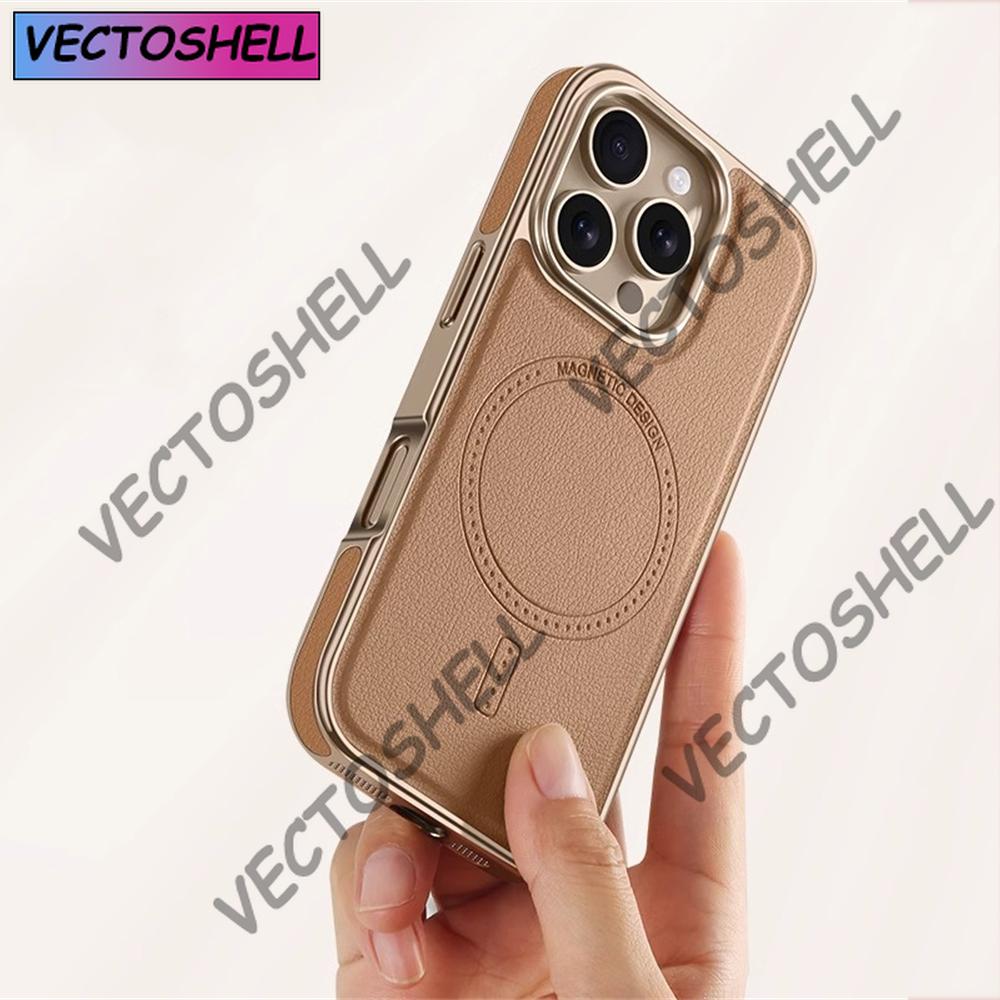 Luxury Business Plating Soft Frame Leather Case For iPhone 16 13 14 15 Pro Max Magsafe Magnetic Wireless Charge Shockproof Cover