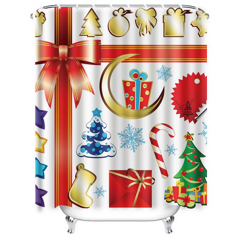 TU Festive Christmas Shower Curtain with Reindeer and Gifts Holiday Bathroom Decor Waterproof Xmas Pattern Fabric Backdrop
