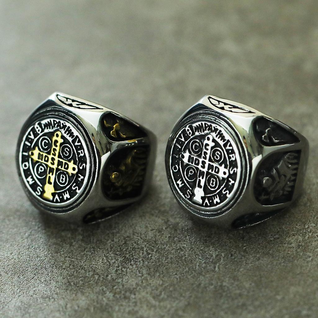 Vintage Exorzismus Saint Benedict Cspb Kreuz Ring für Männer Punk Amulett Christentum Ringe Edelstahl Freund Schmuck