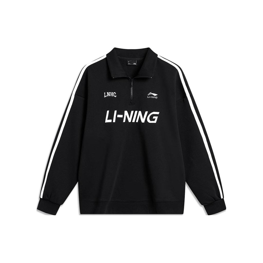 LiNing Sports Fashion Series Color Block Logo Letter Embroidery Polo Neck Long Sleeve Fleece Pullover Sweatshirt Unisex sweatshirt Black AWDU919-2