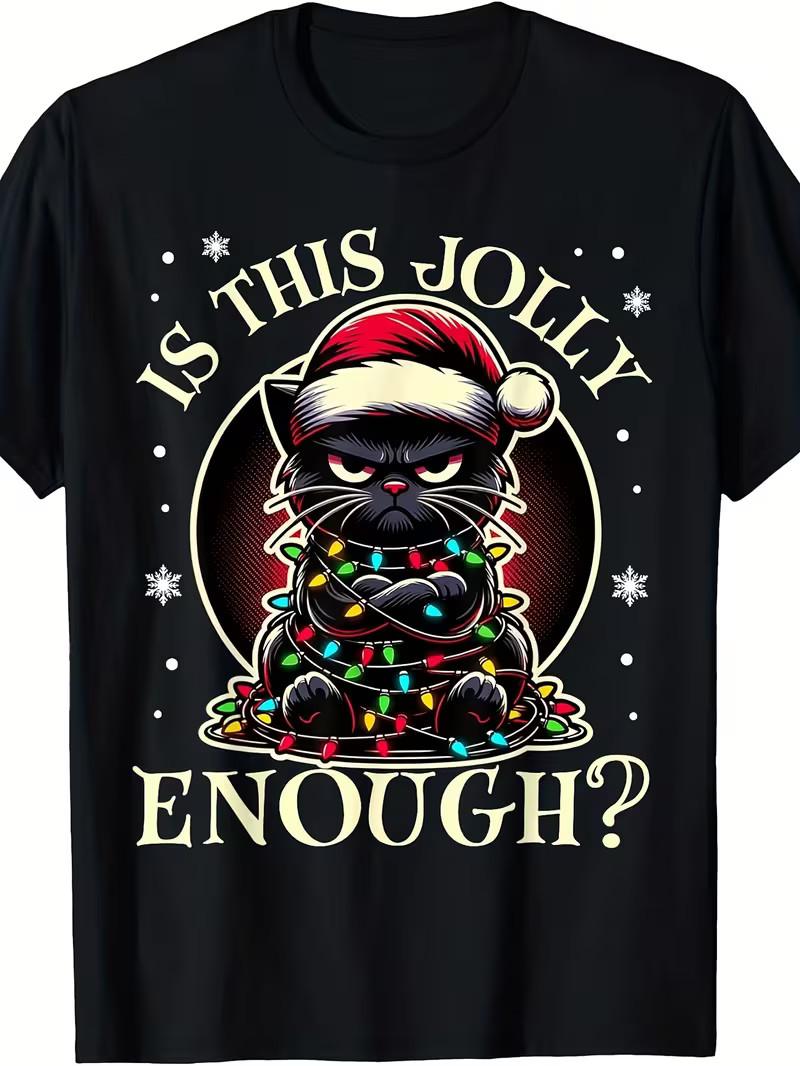Men S Funny Black Cat Christmas Tree Lights T-Shirt - 100% Soft Breathable Retro Unisex T-Shirt XXL