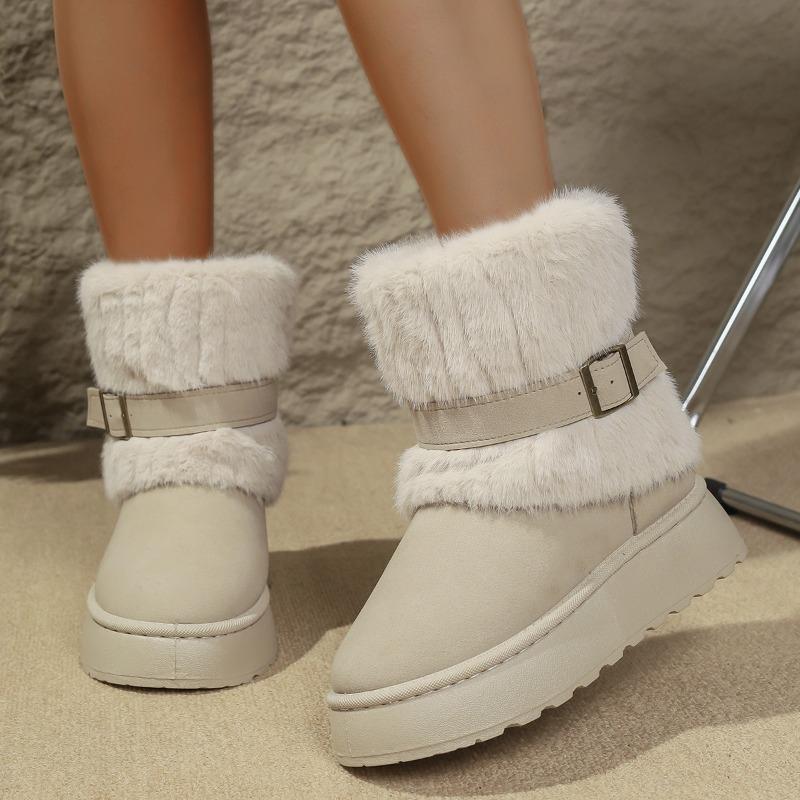 Women's New Winter Furry Belt Buckle Retro Warm Snow Boots Chunky Sole Fleece Lined Thickened Non Slip Cotton Shoes