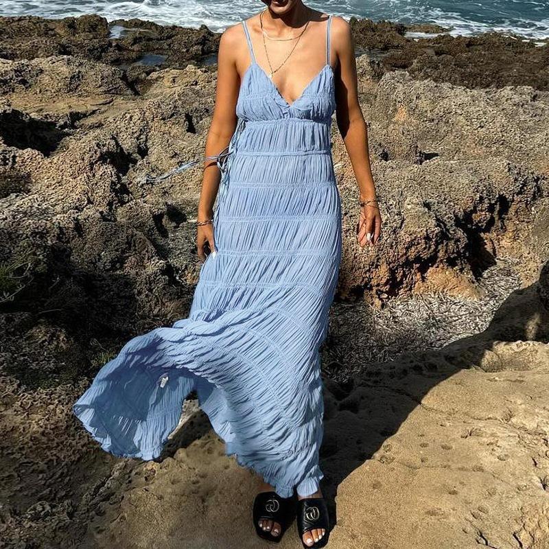 Spring 2026 New Long Dress, Celebrity Temperament Sexy Deep V Texture Fabric Suspender Dress