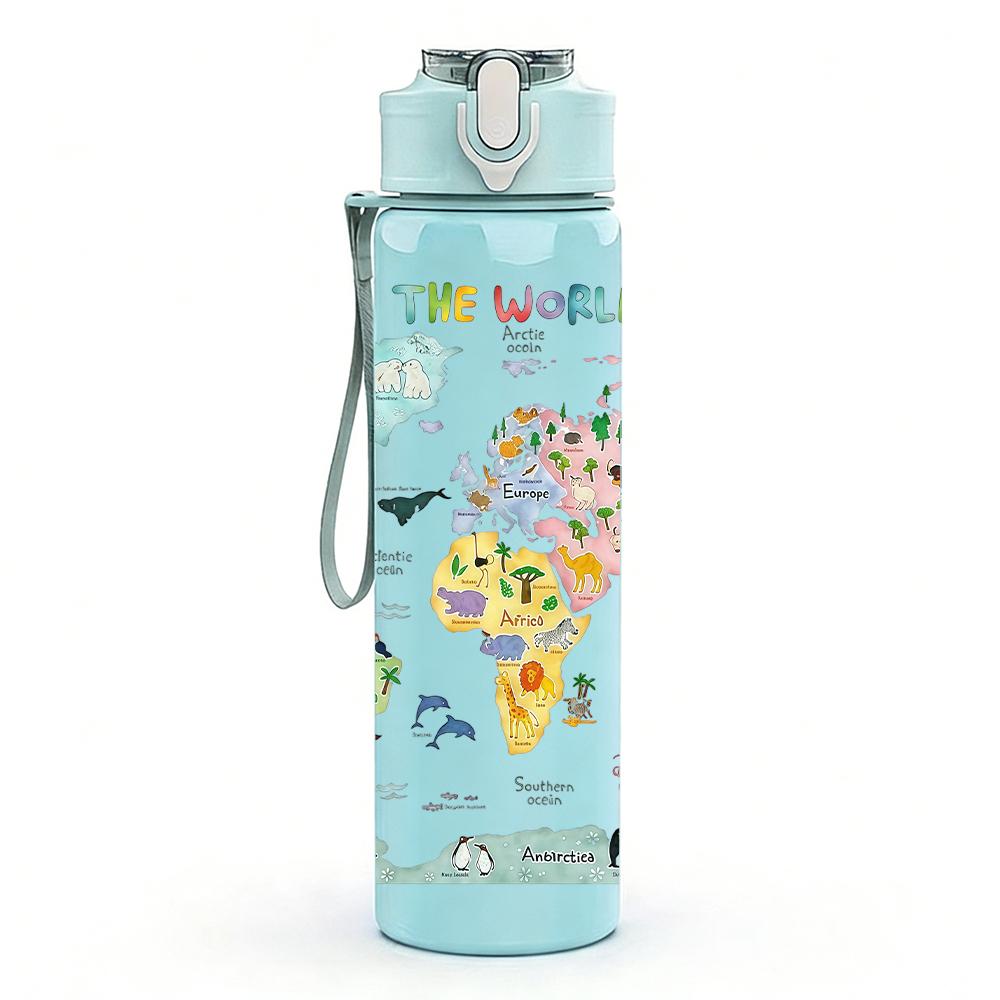 1PC Multicolor Vintage World Map Layout 750ml Color Plastic Water Bottle Leakproof Flip Straw Lid For Sports Office Home Use