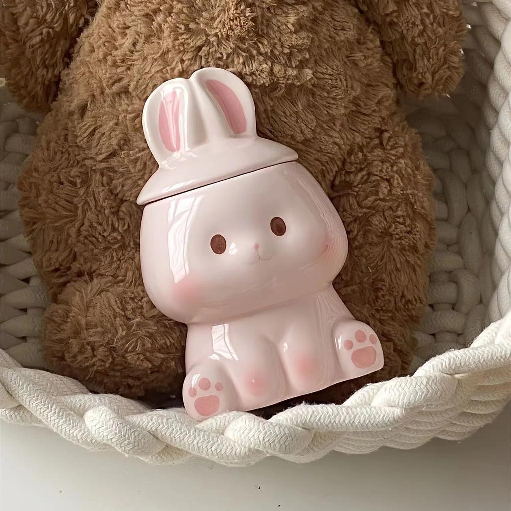 3D Hase Keramiktasse, Hochwertige Tassen mit Deckel, Frühstücksmilchtassen, Kawaii Tasse für Paare, Geschenk zum Geburtstag und Valentinstag