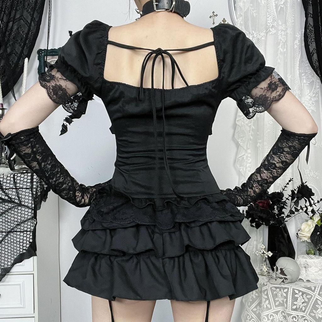 KALAOK Gothic Lolita Kostyme 2-delt sett (Topp + Kjol med volanger), Svart B, Størrelse L