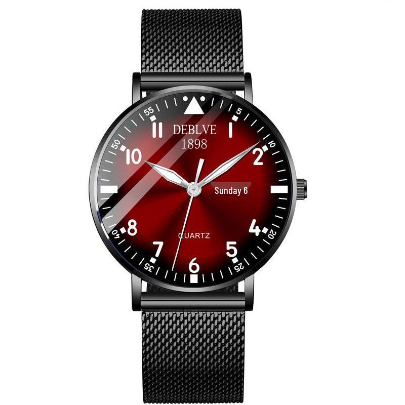 Thin Korean Style Luminous Waterproof Watch with Double Calendar and Interchangeable Straps.