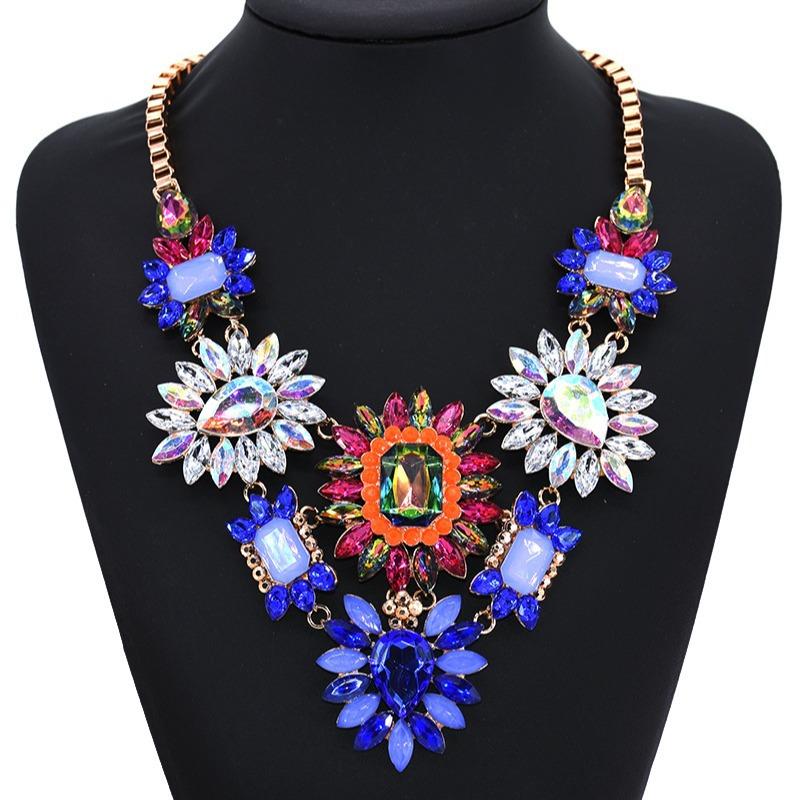 Colier mic asortat la modă exagerat scurt cu flori din aliaj cu pietre prețioase cu diamante complete