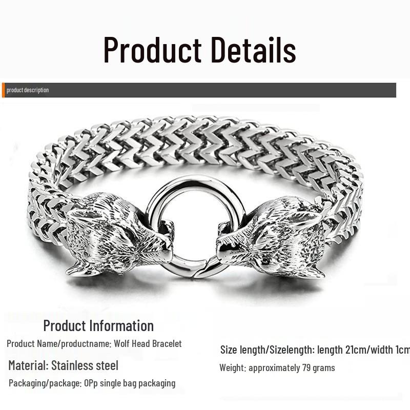Men's Stainless Steel Viking Wolf Head Chain Bracelet - Vintage Style