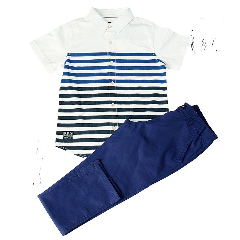 Children s Summer Kindergarten Uniform Set: Blue & White Striped Short-Sleeve Shirt and Pants 12 Years
