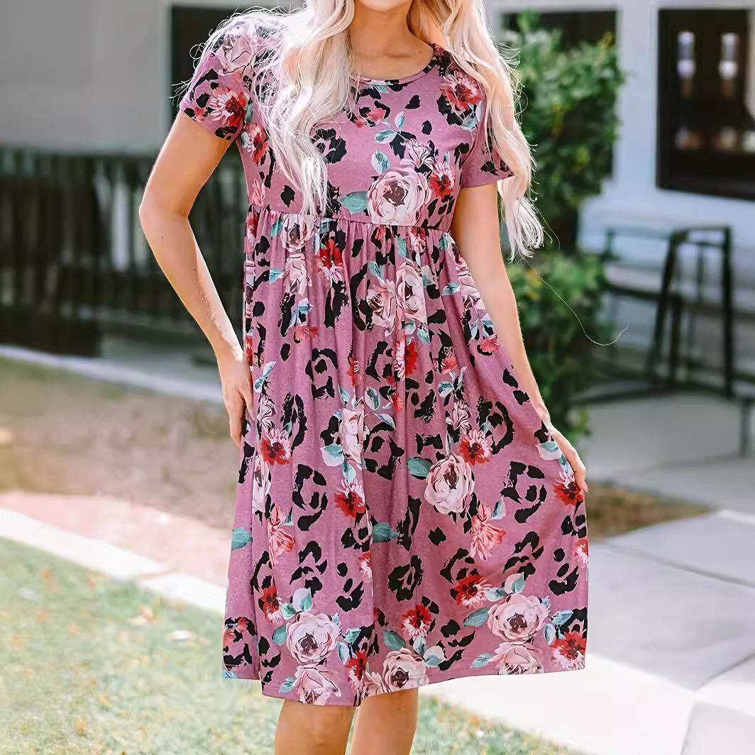 

QICED Летнее женское платье с коротким рукавом и леопардовым принтом, модное, длиной до колена, однотонное XXXXL фуксия