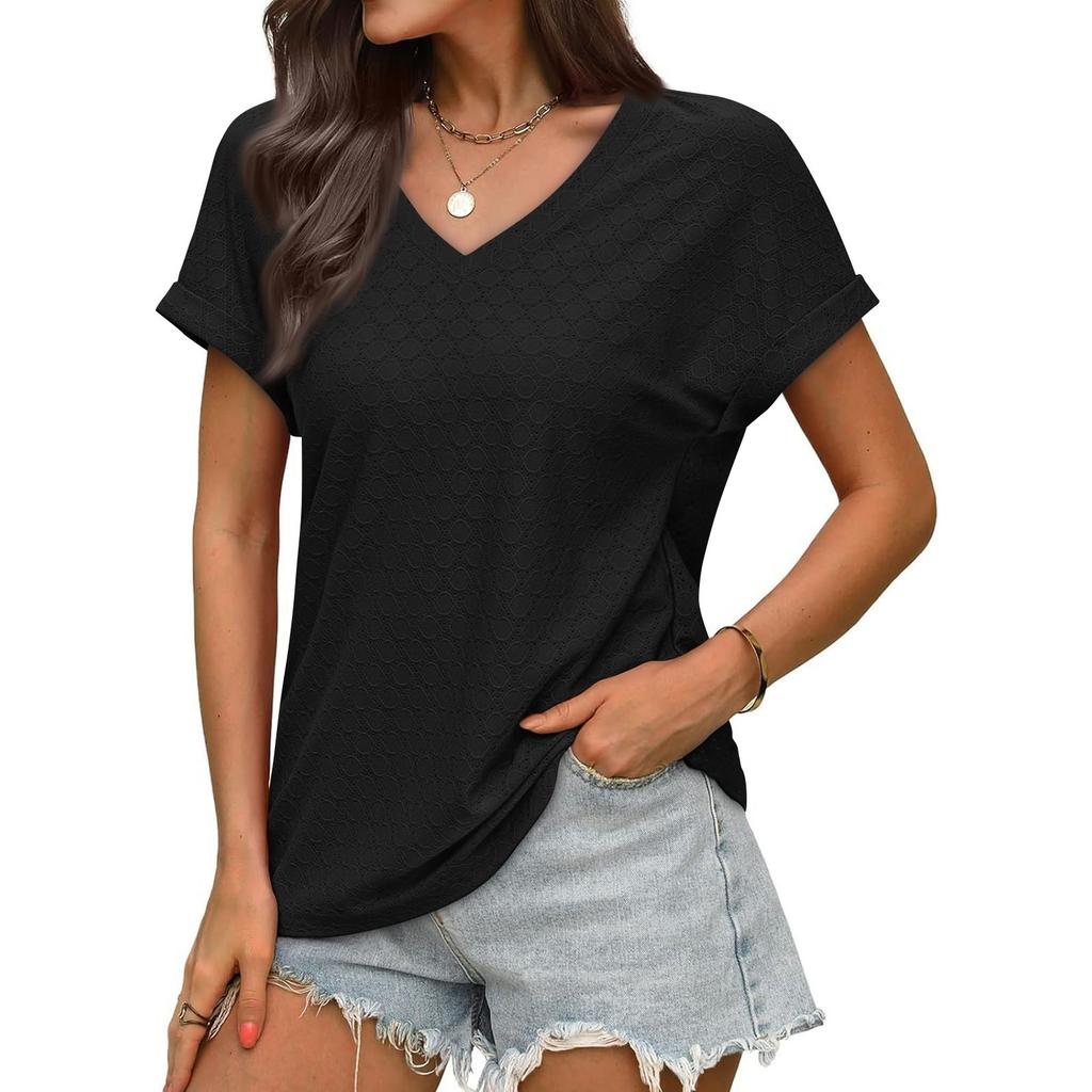Women's Fashionable Casual Solid Color V-Neck Breathable T-Shirt Short Sleeved Top