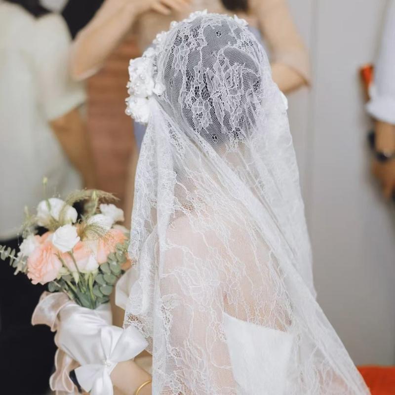 Gothic Bridal Veils Lace Brimmed Wedding Headpiece With Floral Lace For Halloween Bride Ceremony Accessories