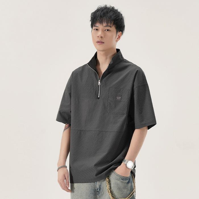 

Топ с лацканами, короткий рукав, американский тонкий лейбл, полумолния, свободный, повседневный, универсальная футболка 4XL