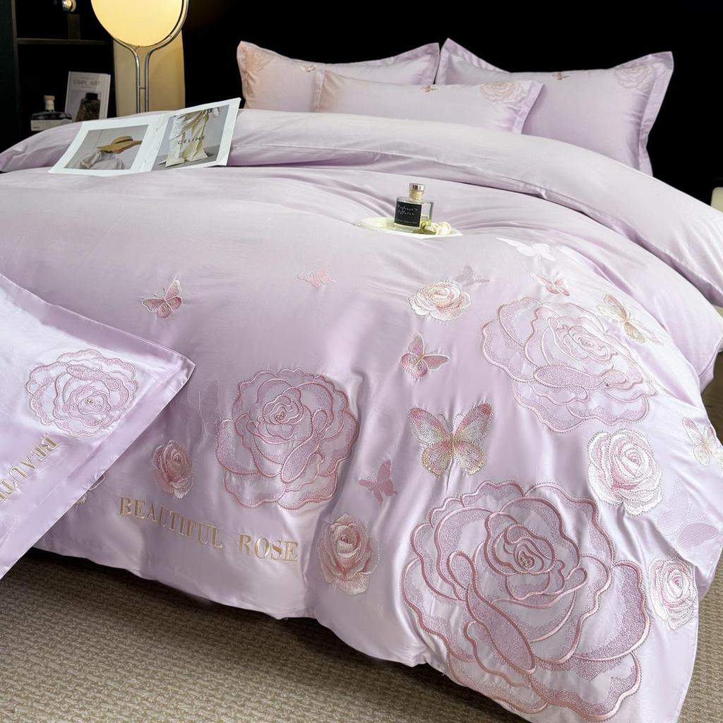 Light Luxury 100% Cotton Embroidered 4-Piece Bedding Set with Rounded Corner Sheets