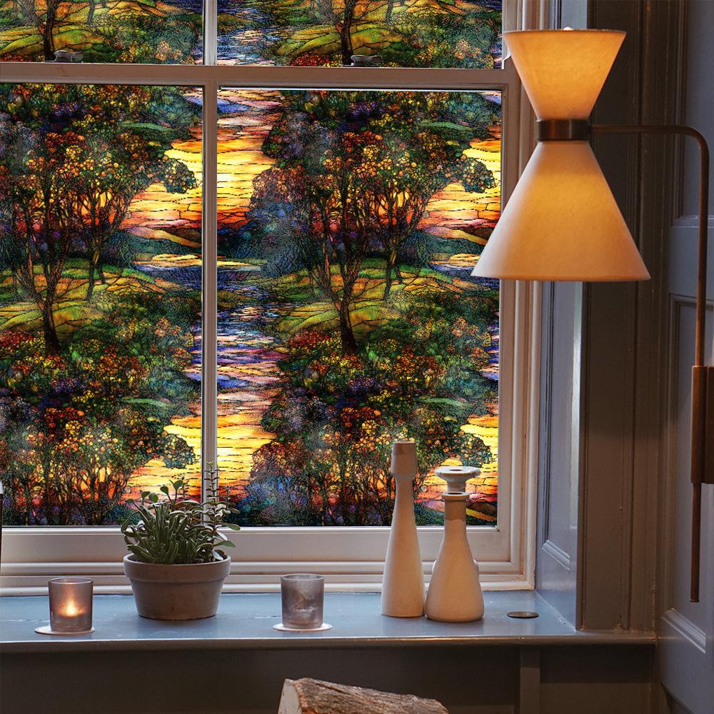 Double-sided Colored Window Privacy Film, Stained Glass Decorative Static Cling, Removable Laser Sun Blocking Vinyl Covering