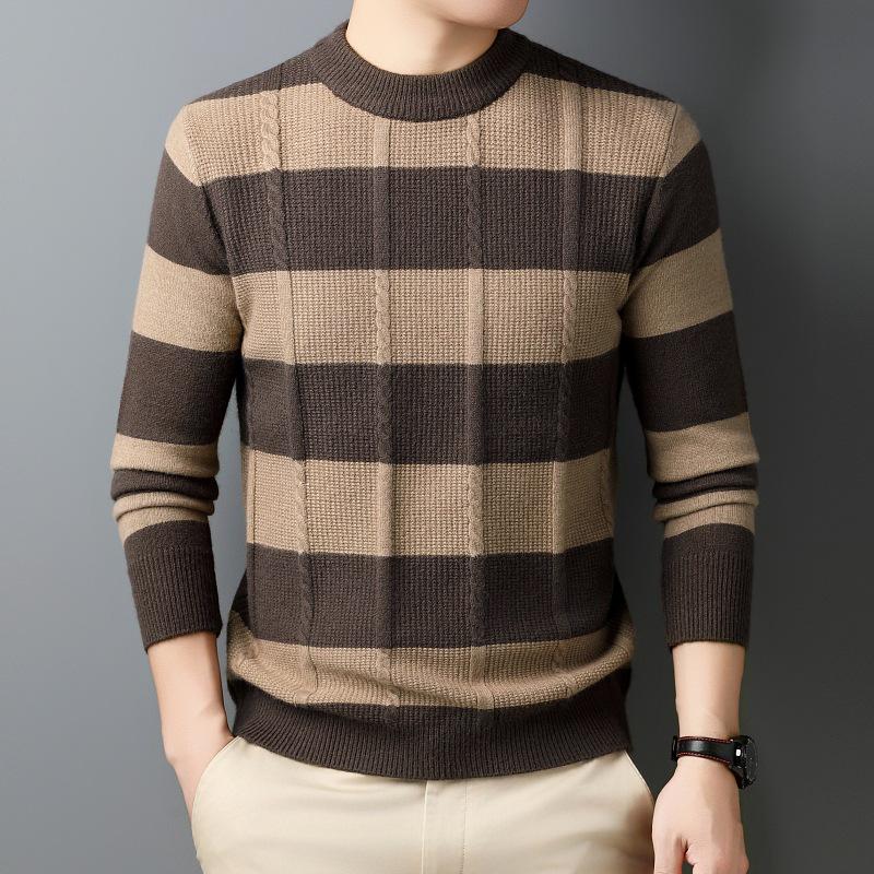 Men s Winter Round Neck Striped Knit Pullover Sweater - Long Sleeve, Casual Base Layer for Middle-aged Men 3XL