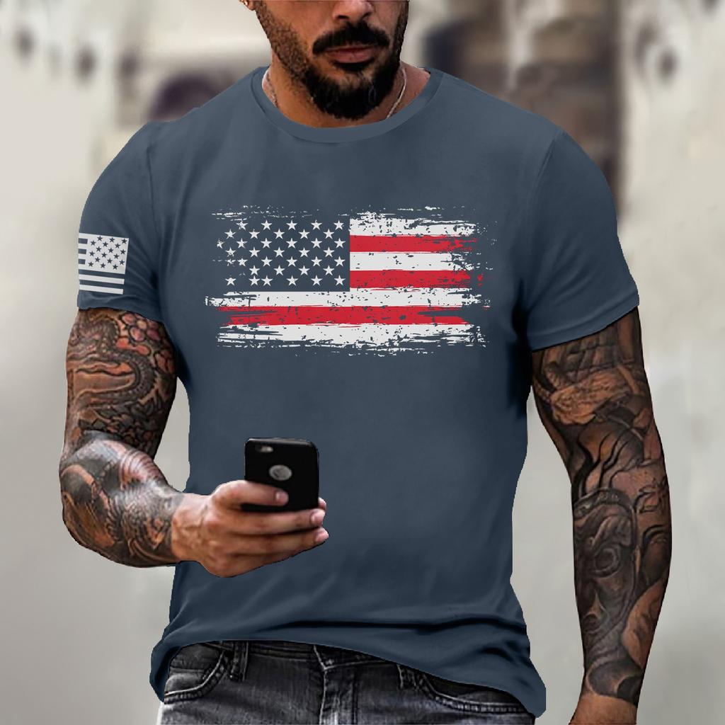 Men's Fashion Casual Short Sleeve Round Neck Independence Day Flag T-Shirt Top
