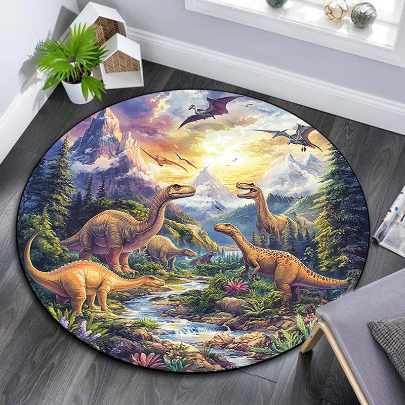 Dinosaur Landscape Round Area Rug,Carpet Rug for Living Room Bedroom Sofa Playroom Decor,Non-slip Floor Mat