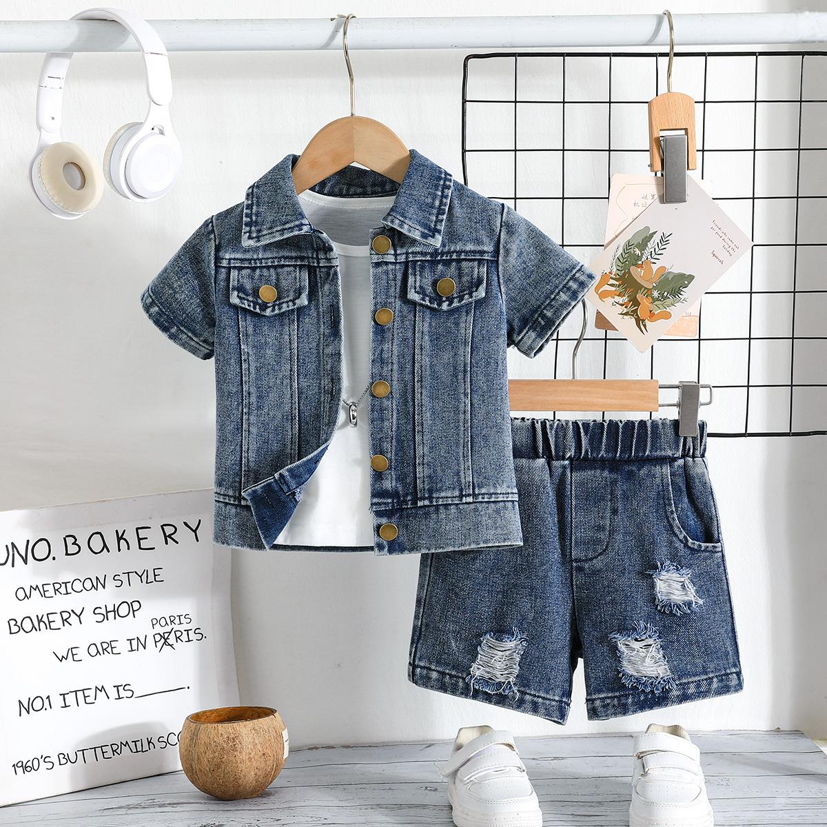 3PCS Boys Denim Jacket & Shorts Set with Basic Tee, Short Sleeve Casual Outfit 6-9M электрического синего