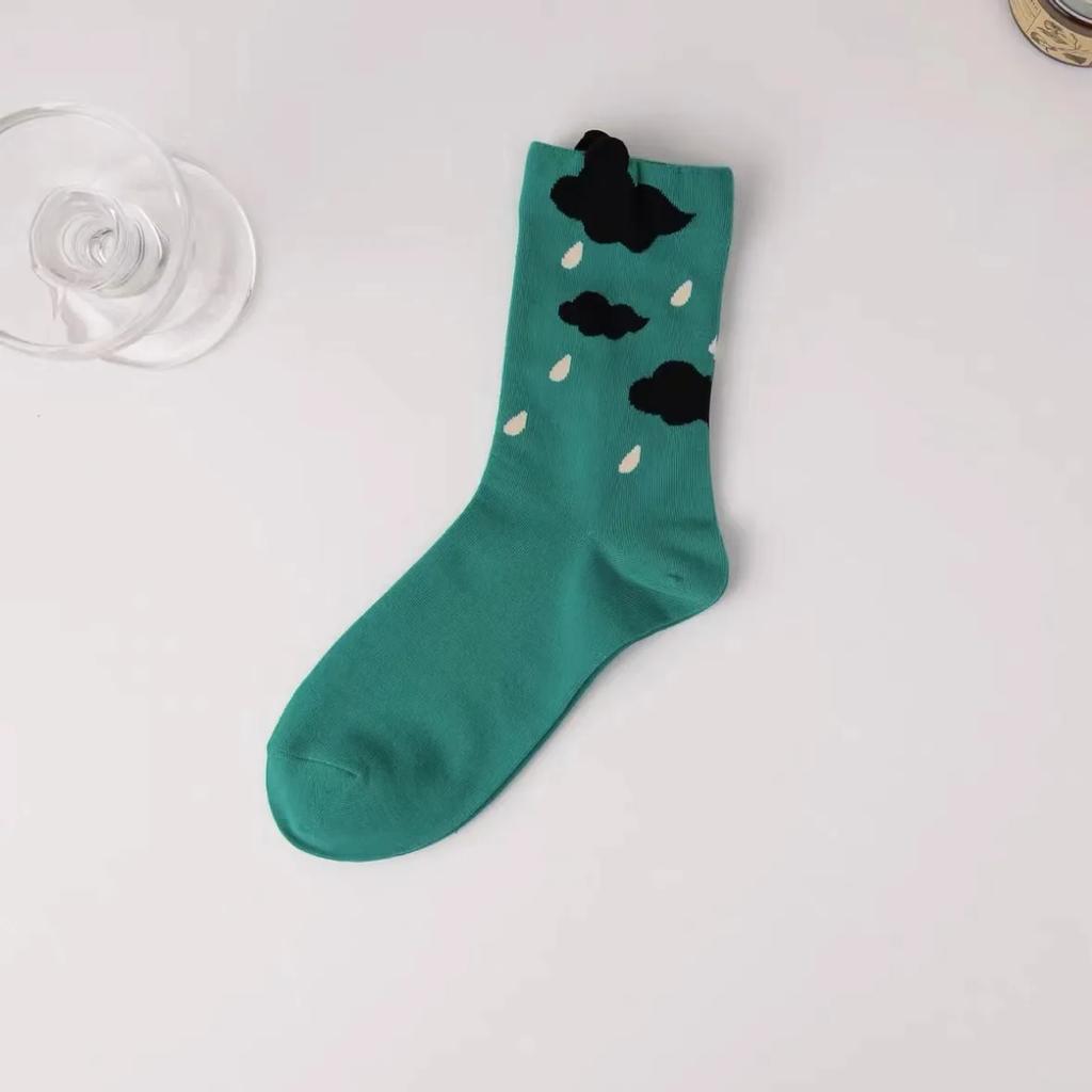 Women Socks Korean Japanese Style Cartoon Green Flower Harajuku Cute Kawaii Mid Tube Socks Breathable Casual Short  Cotton Socks
