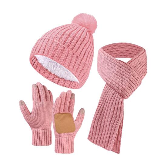 3Pcs/Set Winter Hat Scarf Gloves Set Solid Color Thickened Warm Plush Lining Elastic Brimless