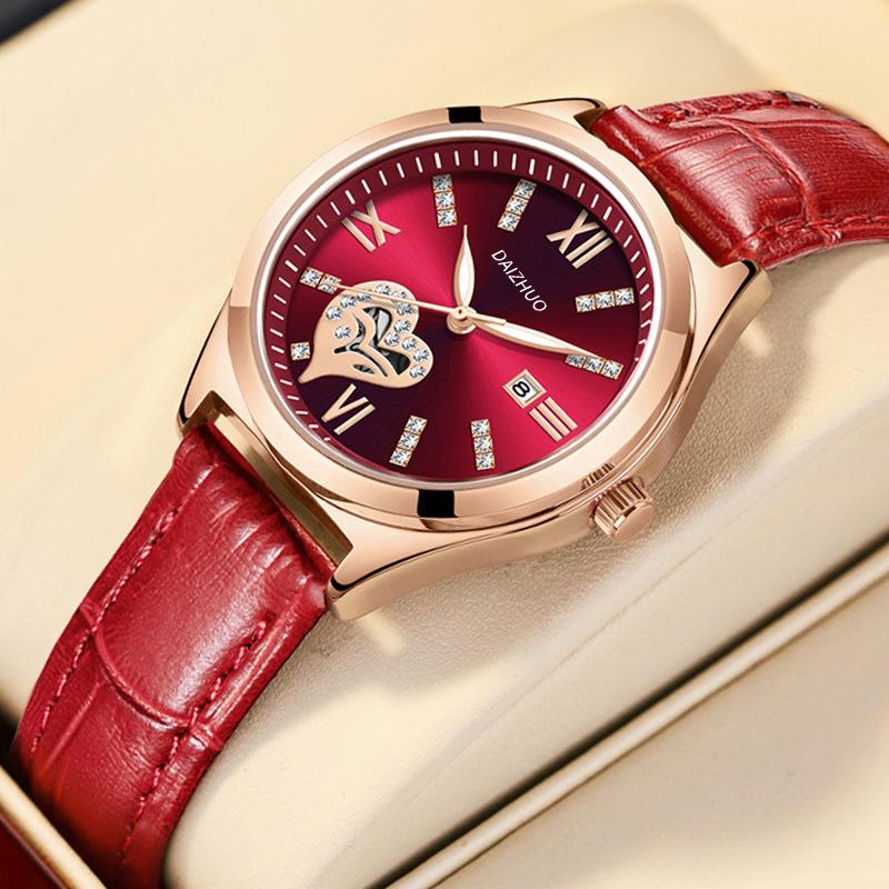 UTHAI Women's Watch Elegant Light Luxury Red Leather Love Waterproof Calendar Ladies Fashion Quartz Watches Valentine's Day Gift