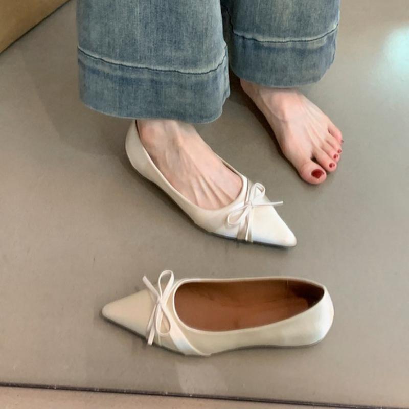 2026 Spring Pointed Toe Women Commute Flats Concise Shallow Slip On Ladies Shoes Soft Sole Butterfly-knot Eelgant Dress Shoes