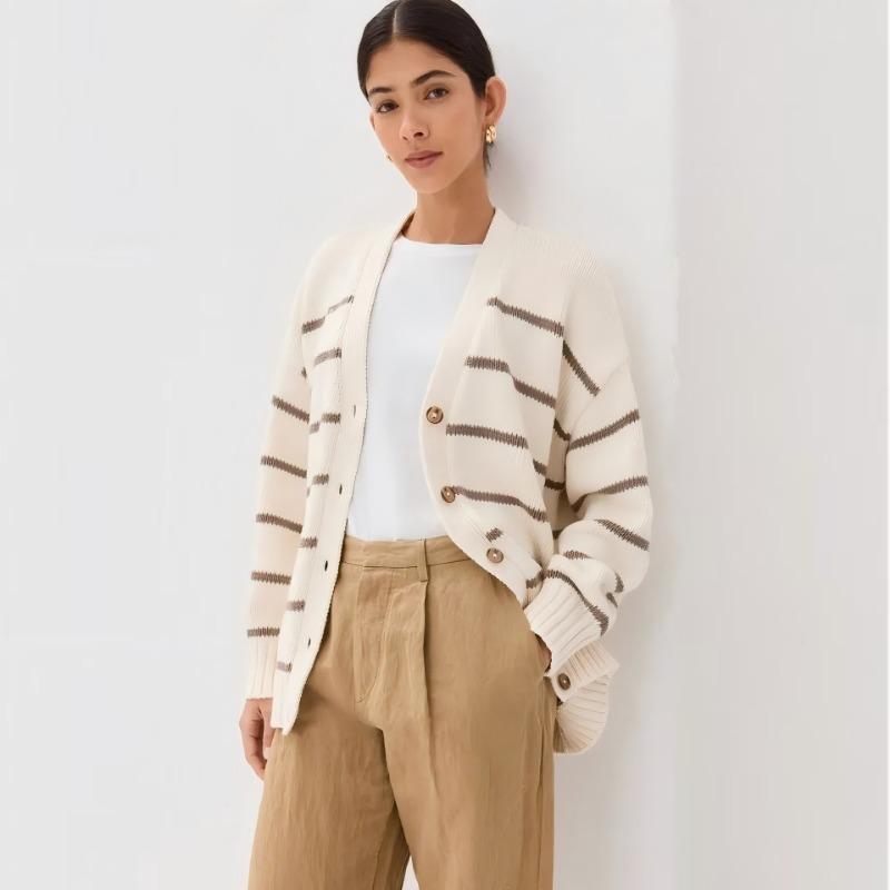 Striped Knitted Cardigan Autumn and Winter New V-neck Sweater for Women