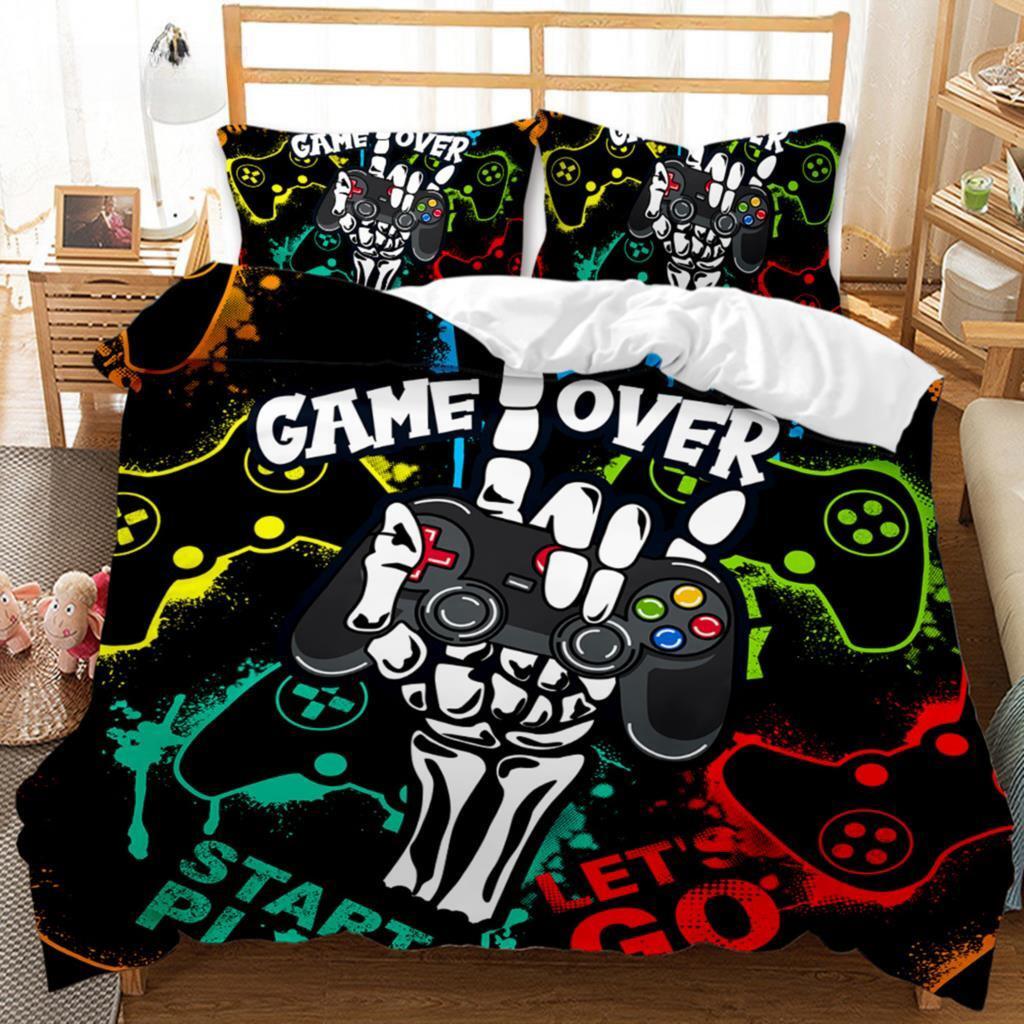 Conjunto de capa de edredom para jogos, caveira de açúcar, roupa de cama para jogadores, teia de aranha, capa de edredom de poliéster para Halloween, infantil, esqueleto de mão juvenil, controle de jogo
