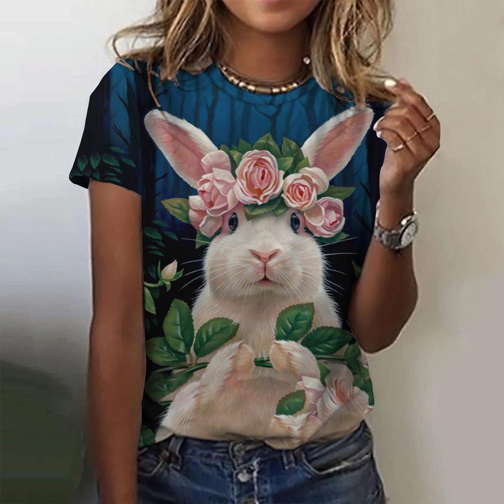 New Vintage Rabbit Print Women's T-shirt Plus Size Top 2024 Women's Clothing Fashion Short Sleeve Shirt Crew Blouse Summer
