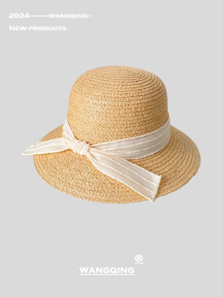 

2025 New Natural Rafi Grass Sun Hat Fedora High Quality Bow Short Brim Summer Brown White Ribbon Panama Straw Hat Elegant Ladies M 56-58cm