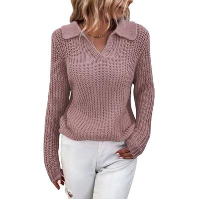 V Neck Turn-Down Collar Long Sleeve Knitted Sweater Autumn Winter Solid Color Slim Sweater Jumper Female Clothing