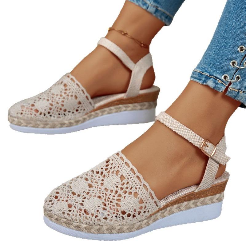 Damen Römersandalen mit geschlossenem Zeh, geflochtenem Keilabsatz, zum Hineinschlüpfen, rutschfeste Sommerschuhe