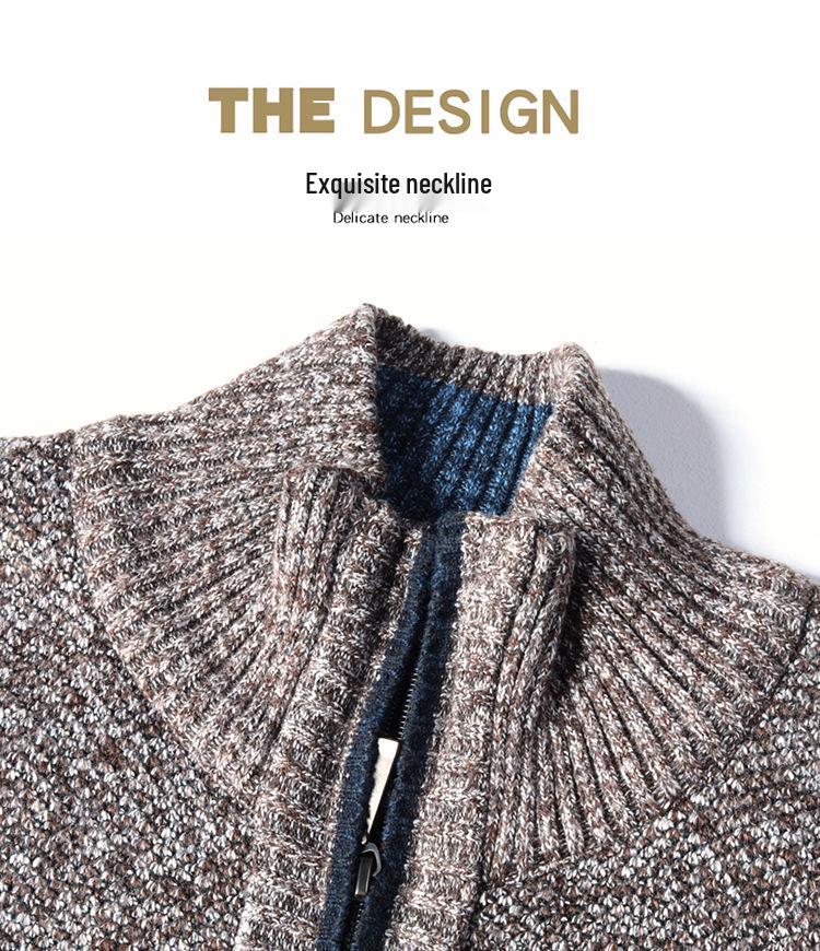 Men's Korean Style Loose Plus Size Fleece-Lined Cardigan Sweater - Solid Color, Autumn/Winter